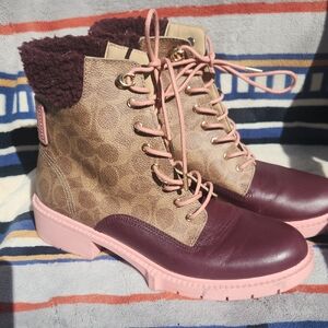 Coach Burgundy and Pink Lace-Up Boots